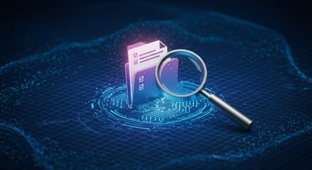 Digital file folder with checklist documents under a magnifying glass, set against a blue glowing data grid
