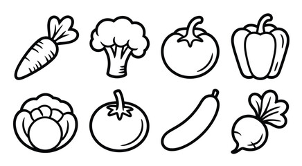 Fresh produce icons featuring carrots, broccoli, tomatoes, eggplant, bell pepper, and radishes for healthy eating inspiration