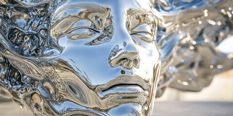 A sci-fi-inspired sculpture where a liquid chrome face is forming from abstract waves