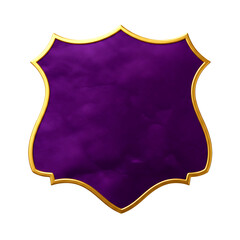 Ornate shield with purple textured fill and gold border isolated on a transparent background emblem crest