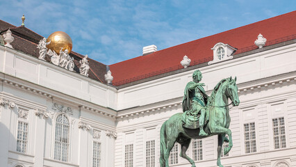 Equestrian statue of Holy Roman Emperor Joseph II riding a horse in Josefsplatz Square timelapse