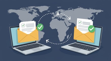 Digital global communication visual shows laptops exchanging emails, represented by open envelopes with documents, against a world map backdrop