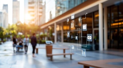 Abstract network graphic overlaying blurred city street scene with people and modern buildings