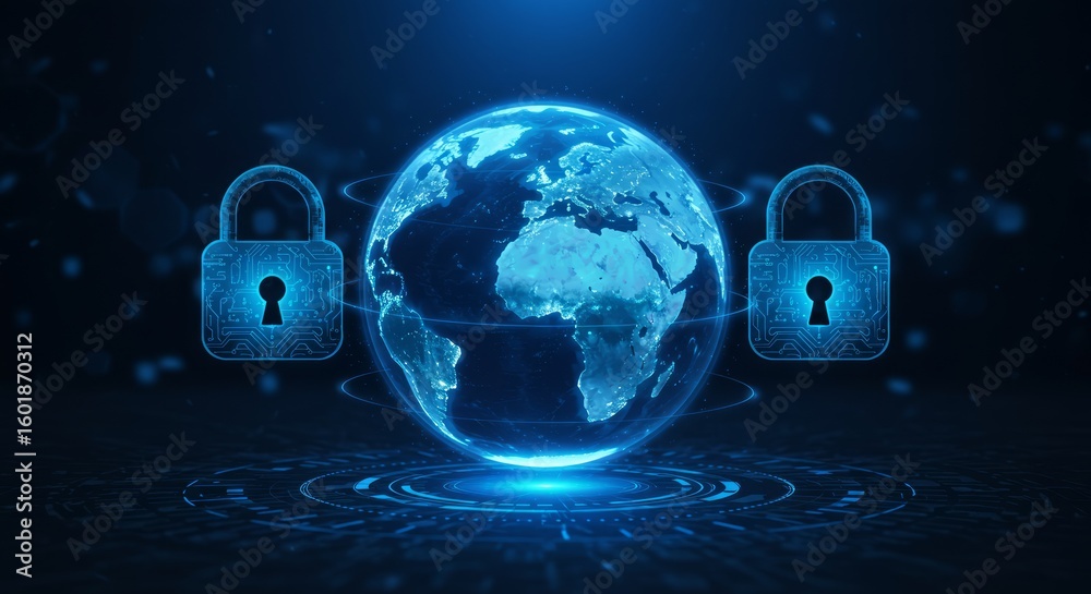 Fototapete digital globe rendered in blue with glowing outlines flanked by two illuminated padlocks, signifying