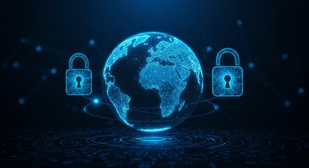 Digital globe with glowing dots and two padlocks, representing global security and data protection in a blue, futuristic interface