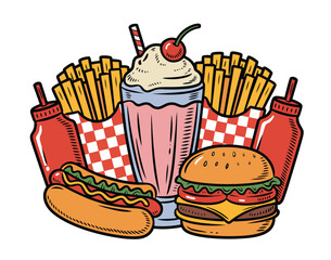 Retro diner feast classic burger, fries, hot dog, and milkshake create nostalgic comfort food vibe