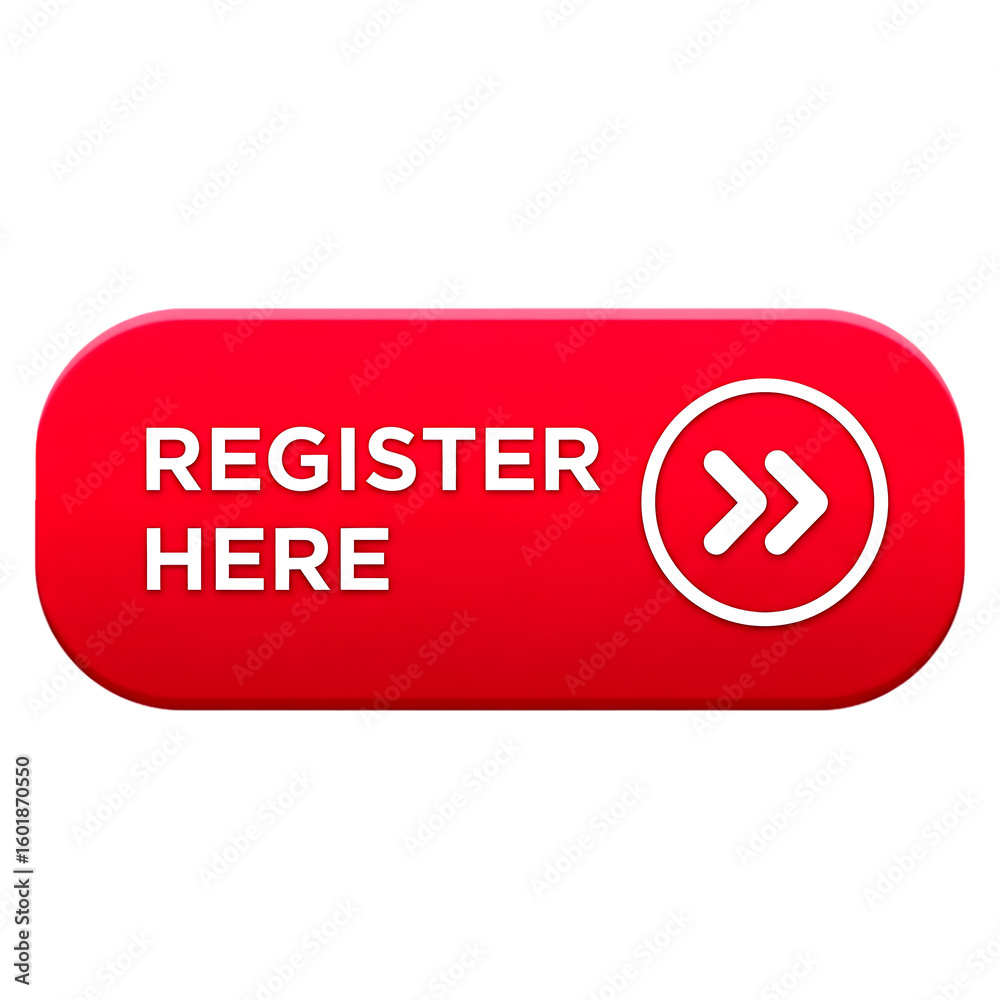 Fototapete red button with white text register here and double arrow icon isolated on a transparent background 