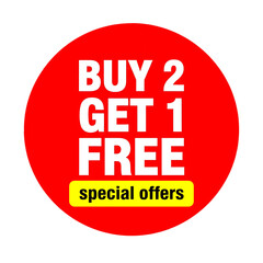 Red circle with white text buy two get one free special offers isolated on a transparent background image
