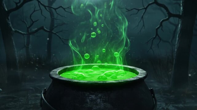 Green potion bubbling in cauldron over fire