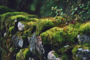 Green moss blankets the old wall with a focus on specific parts