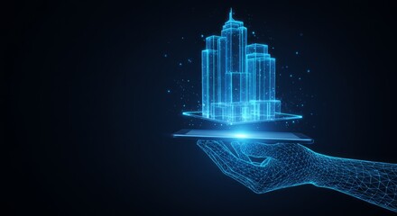 Digital hand holds a glowing blue architectural hologram, city skyline, floating above a tablet, dark background