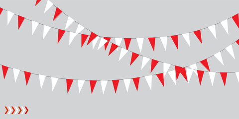 Obraz premium Bunting flags, carnival party flags, white and red festive pennants hanging on a rope. Festival vector decoration. EPS 10.