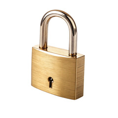 Naklejka premium Shiny brass padlock with silver shackle isolated on transparent background