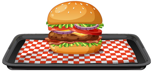 Classic Cheeseburger on Checkered Tray Illustration