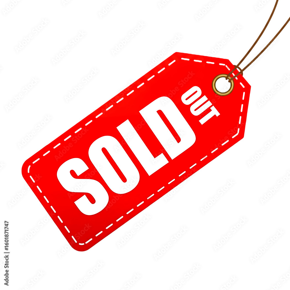 Poster red sold out tag with white text and string isolated on a transparent background image