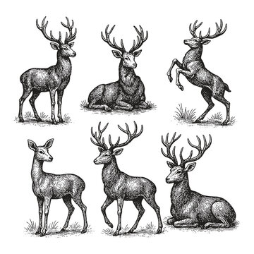 Detailed sketch of deer with large antlers in elegant and peaceful postures.