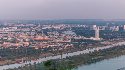 Obraz premium Skyline of Vienna from Danube Viewpoint Leopoldsberg aerial timelapse.
