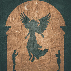 Naklejka premium Fantasy woman angel soars in the air with huge bird wings. Girl in levitation flies. Lady goddess in dress, fabric waving fluttering in motion. Goddess girl descends from the sky to praying people