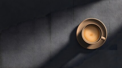 Warm cup of coffee with frothy milk and crema sits on a saucer with dramatic lighting