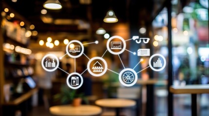 Network icons overlaid on a blurred image of a cafe interior showing interconnectedness