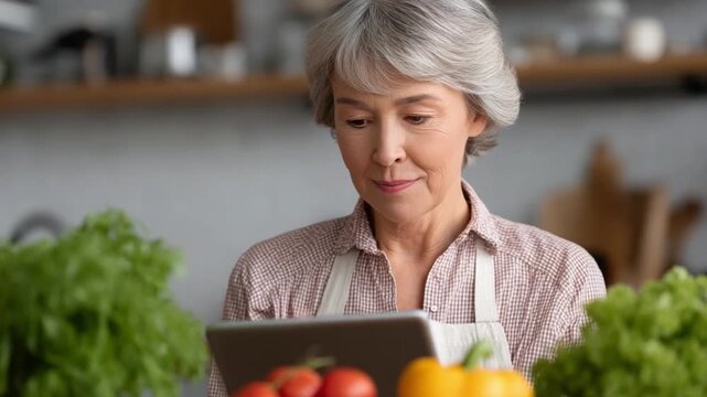 Culinary Digital Exploration: An elegant senior woman immersed in the culinary world, delicately studying a tablet screen amidst fresh produce, ready to embark on a flavor adventure.