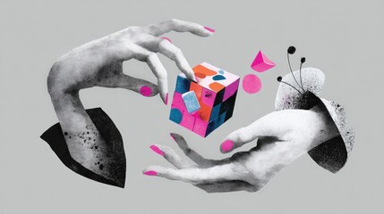 Surreal collage of hands interacting with a colorful geometric cube and abstract shapes on a gray background, blending art and imagination.