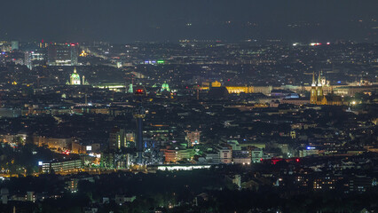 Skyline of Vienna from Danube Viewpoint Leopoldsberg aerial night timelapse.