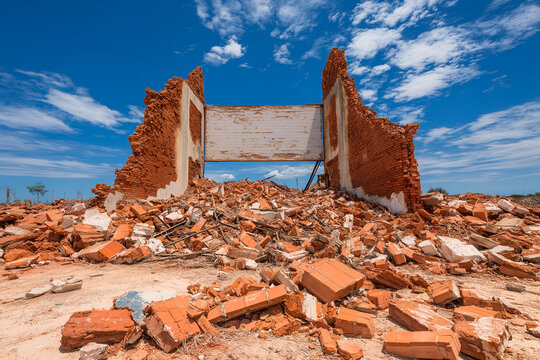 Dilapidated Brick Building Ruins with Blue Sky and White Clouds. Mock up promotion information for marketing announcements and details, blank white space.