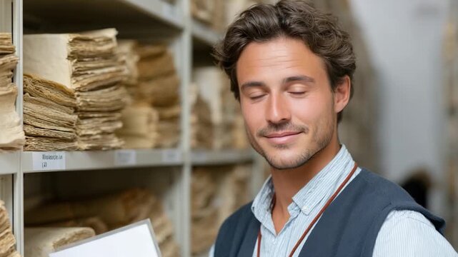 Archivist's Quiet Contemplation: An archivist stands amidst the silent stacks of history, his expression revealing a mix of reverence and contemplation as he examines a vintage document.