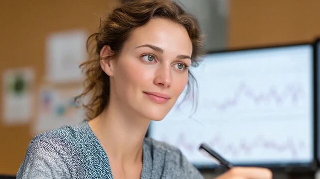 Thoughtful professional woman analyzing data: A professional woman concentrates on her work, seated in an office. with graphs and charts on her computer screen and a pen poised.