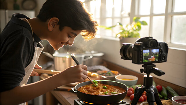 Teenager cooking and filming a recipe for a food blog or social media channel in a bright kitchen