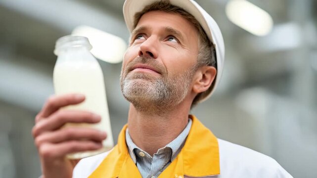 Fresh Milk Inspection: A milk processing worker carefully examines a fresh, clear bottle of milk, reflecting on its purity and quality.