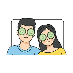 A happy young couple relaxing together with cucumber slices on their eyes. A cute vector illustration about skincare and self-care at home.