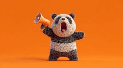Cute cartoon panda holding a megaphone, shouting with enthusiasm on a vibrant orange background.