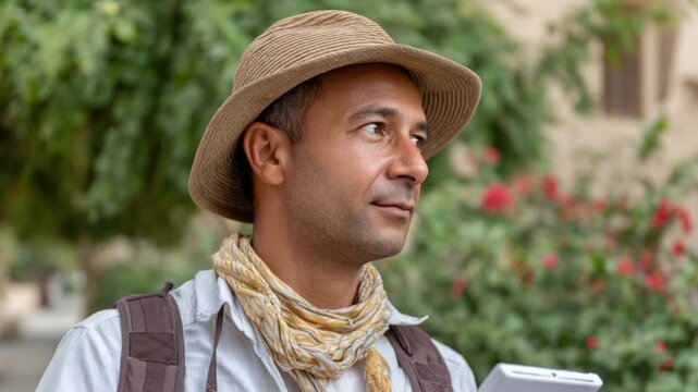 The Explorer's Gaze: A focused individual, clad in a safari hat and scarf, stands absorbed in thought while holding a tablet, a testament to exploration and discovery.