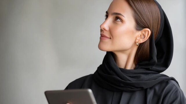 Focused Reflection: A woman, donned in cultural attire, directs her gaze upward while delicately clutching a tablet, encapsulating contemplation and introspection.