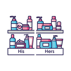 His and hers skincare routine concept. Vector illustration of cosmetic products for men and women on bathroom shelves for beauty.