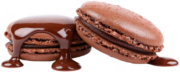 Two chocolate macarons drizzled with melted chocolate