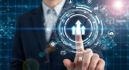 Business growth strategy concept businessman touching virtual interface arrows up tech