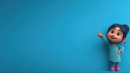 Cute animated girl in a blue dress points excitedly against a matching blue background, conveying a sense of wonder and discovery.