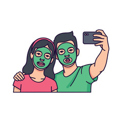 A smiling young couple showcasing their skincare routine. A man and woman hold cosmetic serum and lotion bottles in this vector illustration.
