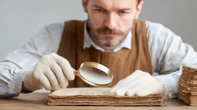 Examining Antique Documents: An experienced archivist meticulously examines an aged tome with a magnifying glass, revealing intricate details of historical importance.