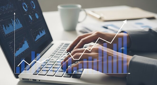 Analyzing business data on laptop for growth and success in financial investment plan