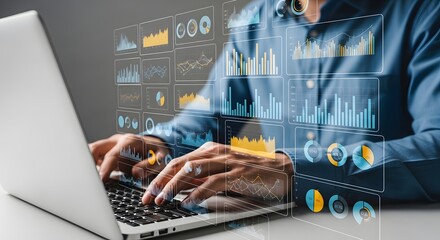 Analyzing data charts and graphs on laptop for business intelligence insight