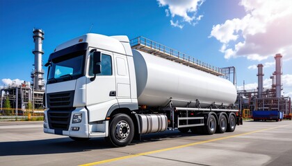 White Tanker Truck Delivering Fuel to Industrial Power Plant Under Bright Blue Sky