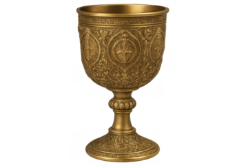Golden chalice with intricate carvings and symbols, isolated on a transparent background, perfect for religious or historical projects