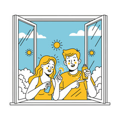Happy young couple applying sunscreen together, standing at an open window on a bright and sunny day. Skincare and sun protection concept.