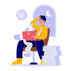 Stressed male character working overtime vector illustration