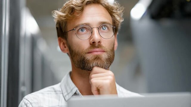 Contemplative Technician: A thoughtful technician, his eyes fixated upwards, delicately supports his chin.