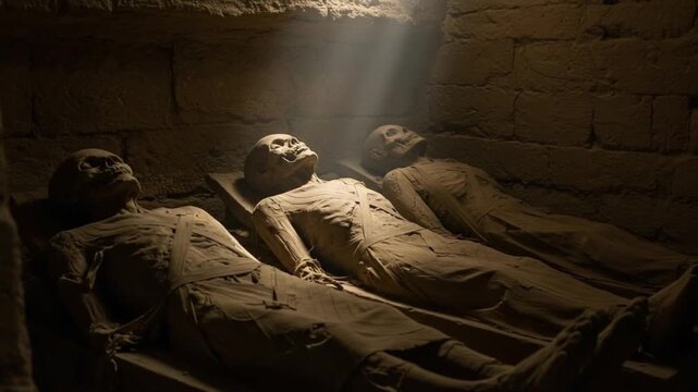 Ancient Mummies in a Dimly Lit Chamber